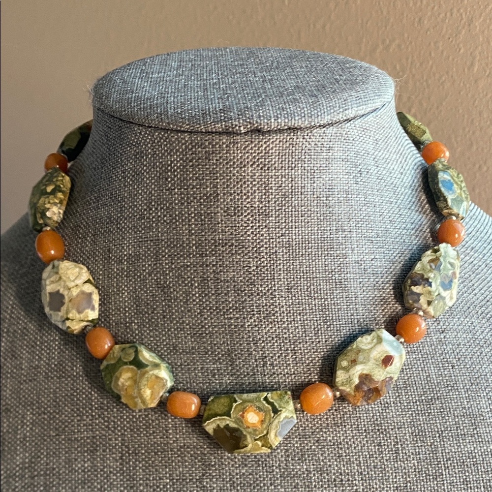 Rainforest Jasper & Carnelian Gemstone Necklace 16” Natural Stone Beaded Artisan